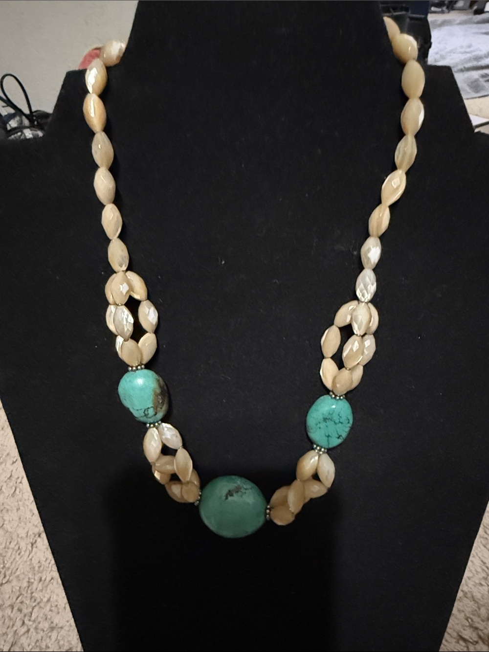Peyote Bird signed Beige and Turquoise Beaded 925 Necklace 16 inches